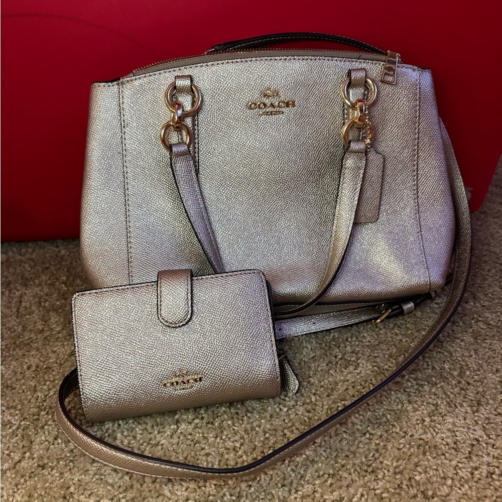 Authentic Coach Shimmering Silver Satchel and Wallet Set